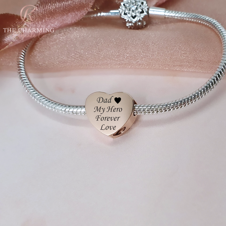 Engraved Self-Fill Ashes Heart Charm - Silver, Gold or Rose Gold - fits Pandora bracelets 