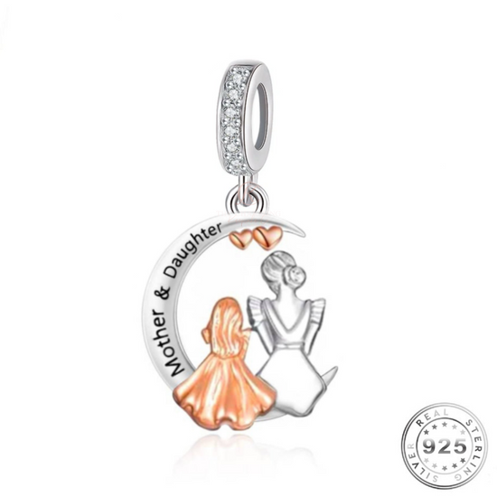 Mother & Daughter Moon Charm 925 Sterling Silver and Rose Gold fits Pandora