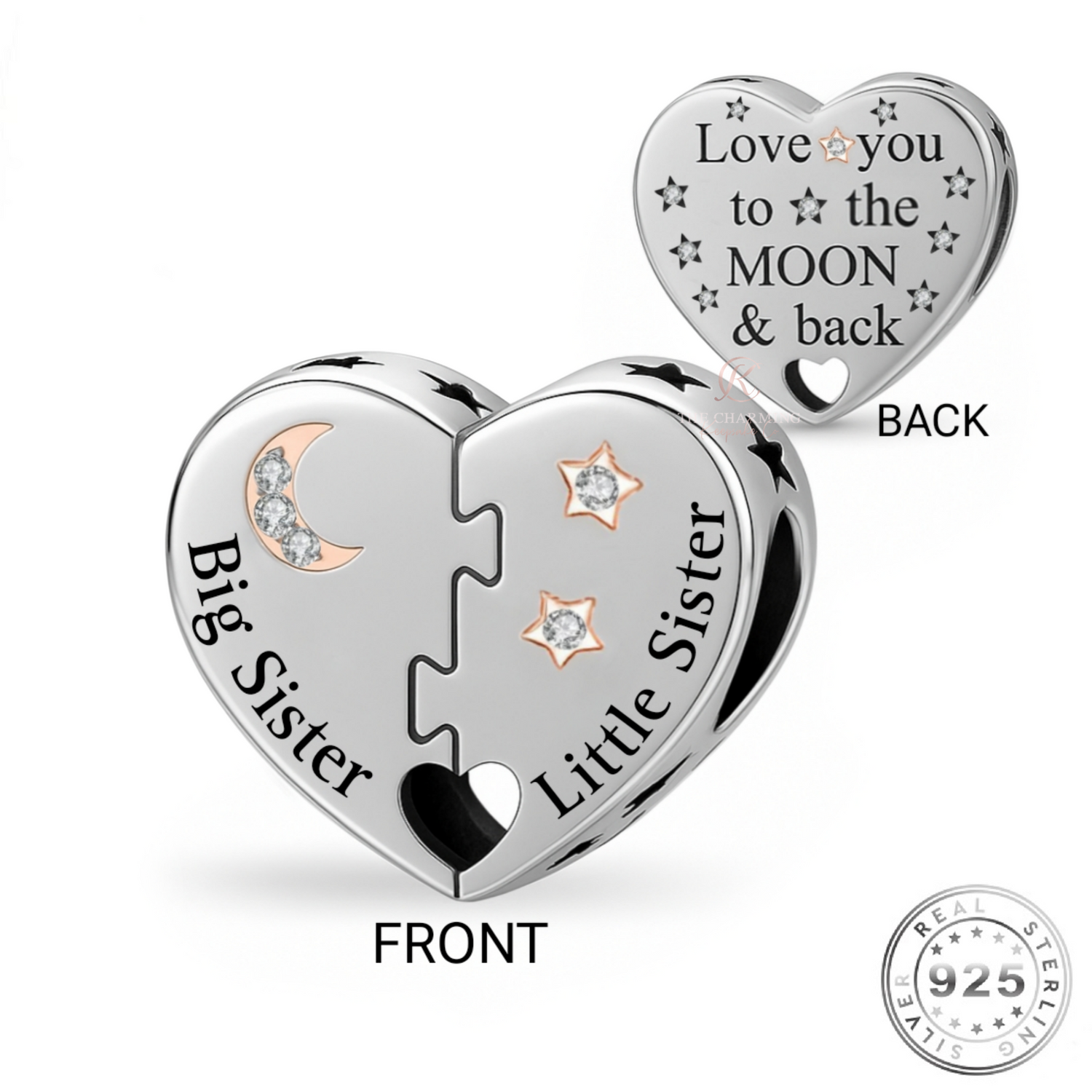 Big Sister & Little Sister Heart Charm 925 Sterling Silver - Love You To The Moon fits pandora