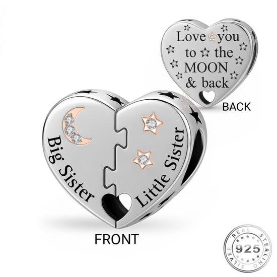 Big Sister & Little Sister Heart Charm 925 Sterling Silver - Love You To The Moon fits pandora