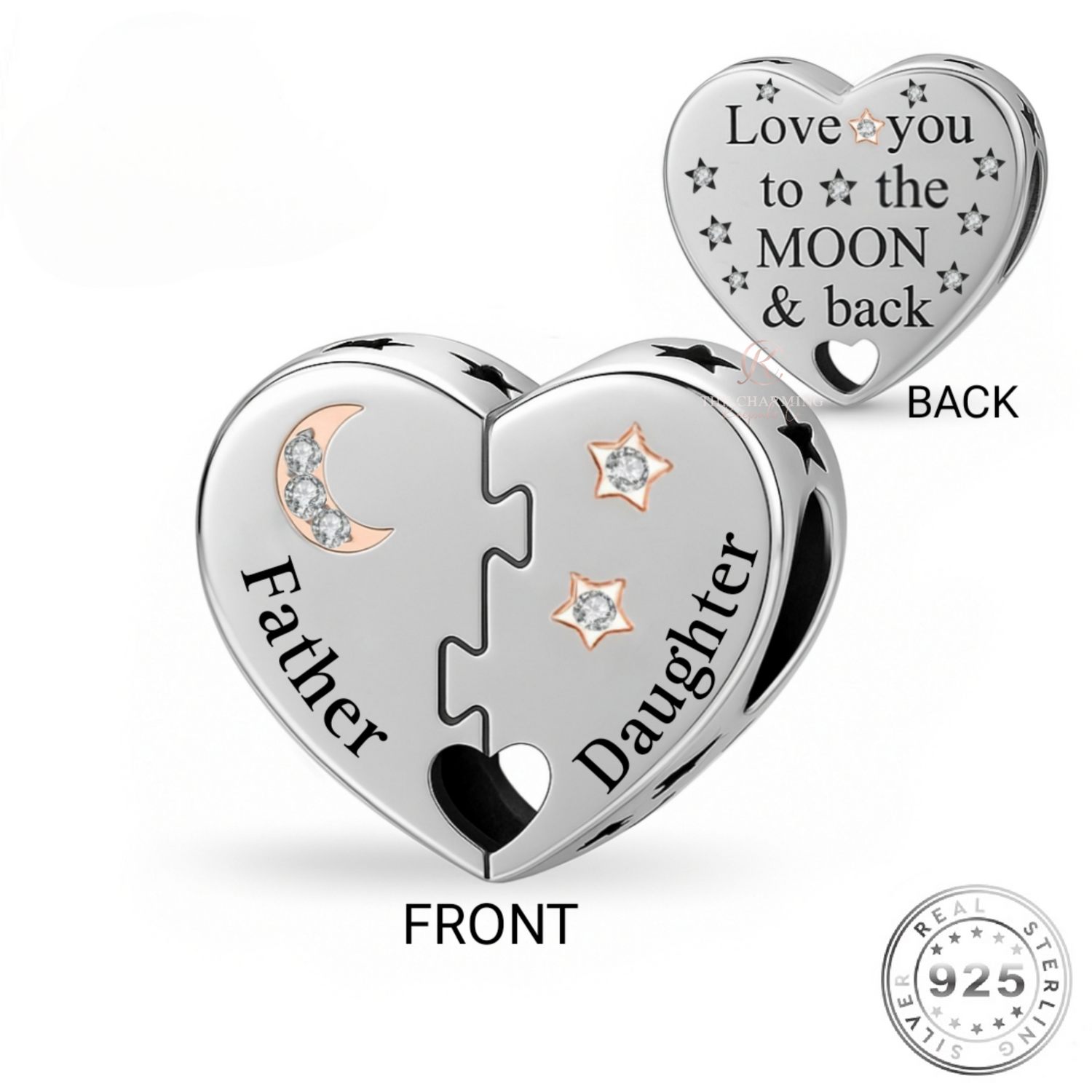 Father & Daughter Heart Charm 925 Sterling Silver - Love You To The Moon fits Pandora