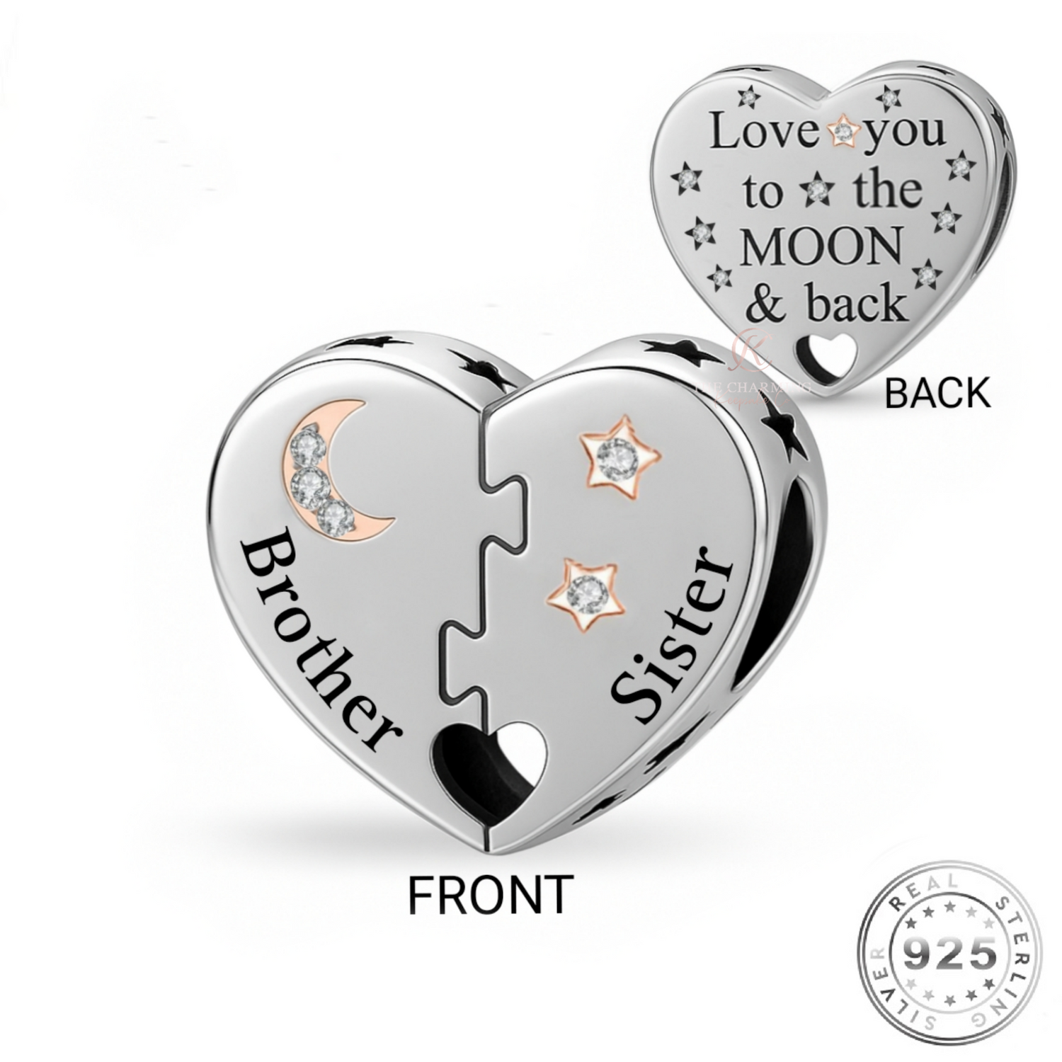 Brother & Sister Heart Charm 925 Sterling Silver - Love You To The Moon fits Pandora