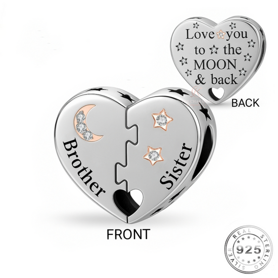 Brother & Sister Heart Charm 925 Sterling Silver - Love You To The Moon fits Pandora