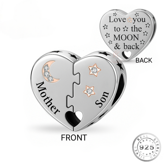 Mother & Son Heart Charm 925 Sterling Silver - Love You To The Moon fits pandora