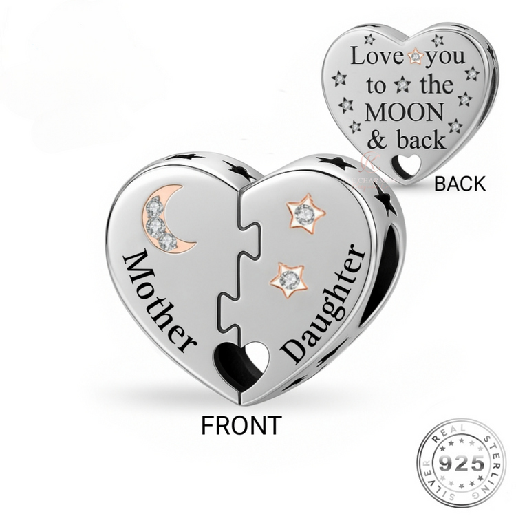 Mother & Daughter Heart Charm 925 Sterling Silver - Love You To The Moon fits Pandora