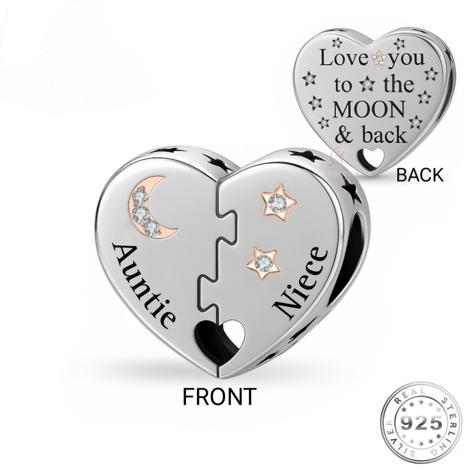Auntie & Niece Heart Charm 925 Sterling Silver - Love You To The Moon fits Pandora