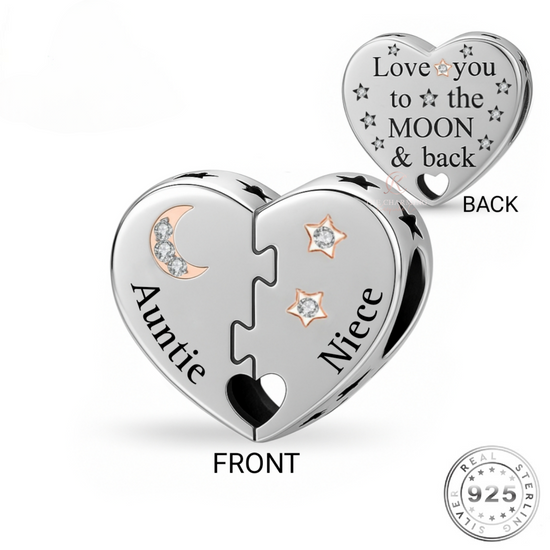 Auntie & Niece Heart Charm 925 Sterling Silver - Love You To The Moon fits Pandora