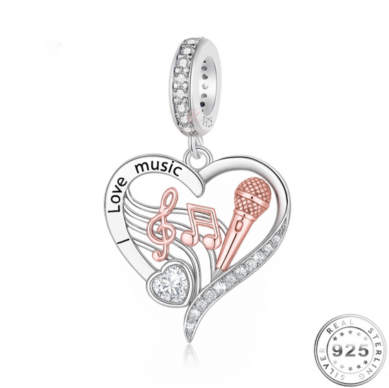 I Love Music Heart Charm 925 Sterling Silver & Rose Gold fits Pandora