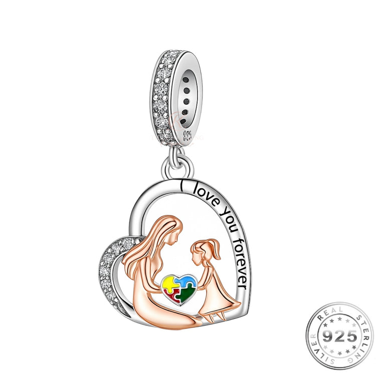 Mum & Daughter Autism Awareness Puzzle Charm 925 Sterling Silver fits Pandora