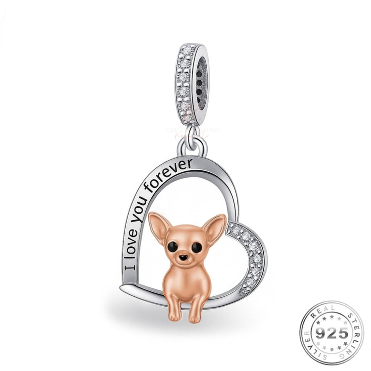 Chihuahua Dog Charm 925 Sterling Silver & Rose Gold - I Love You fits pandora