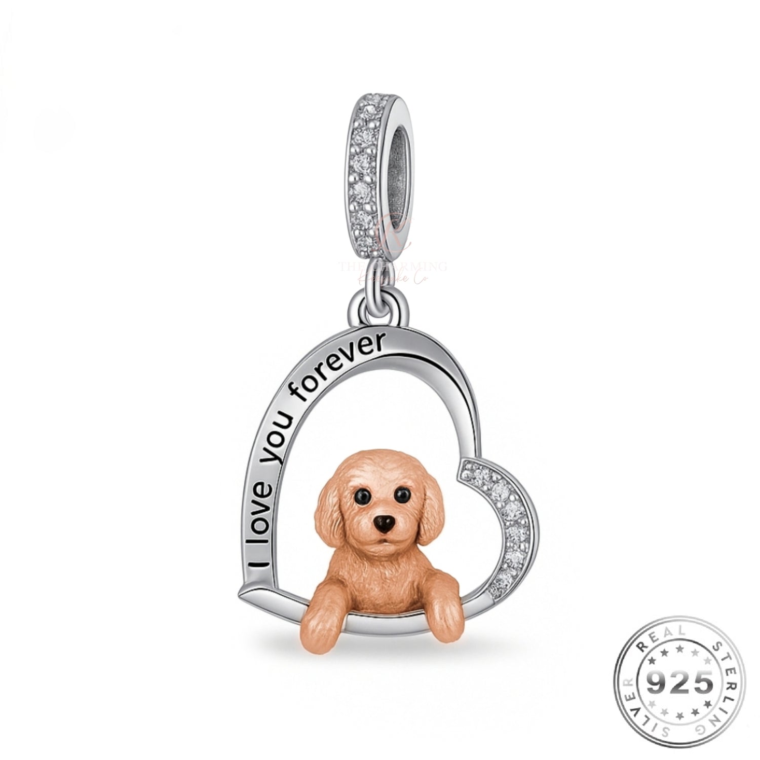 Labradoodle / Poodle Cross Dog I Love You Forever Charm 925 Sterling Silver & Rose Gold fits Pandora