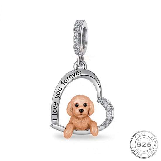 Labradoodle / Poodle Cross Dog I Love You Forever Charm 925 Sterling Silver & Rose Gold fits Pandora