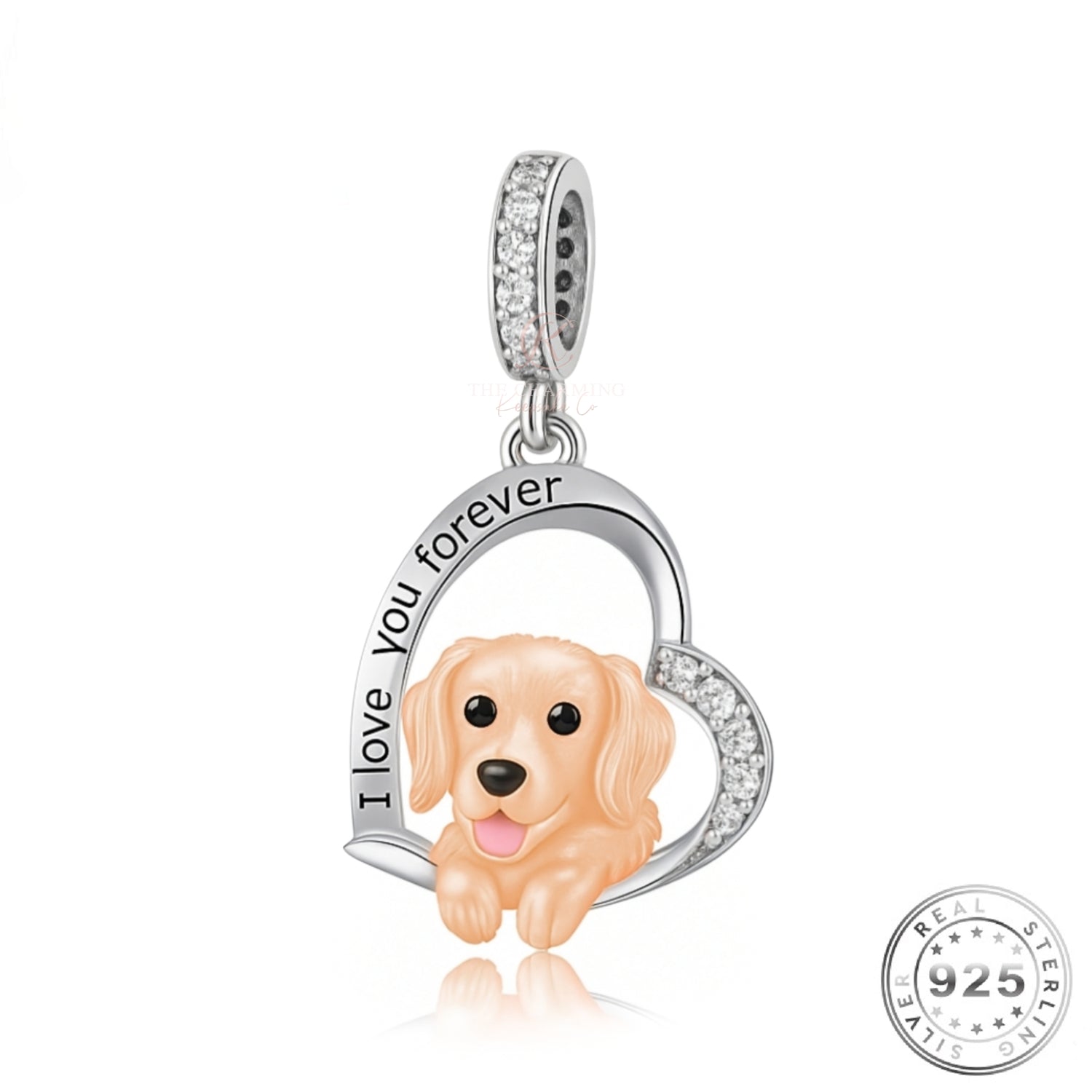 Golden Retriever Dog Charm 925 Sterling Silver & Rose Gold - I Love You Forever fits pandora