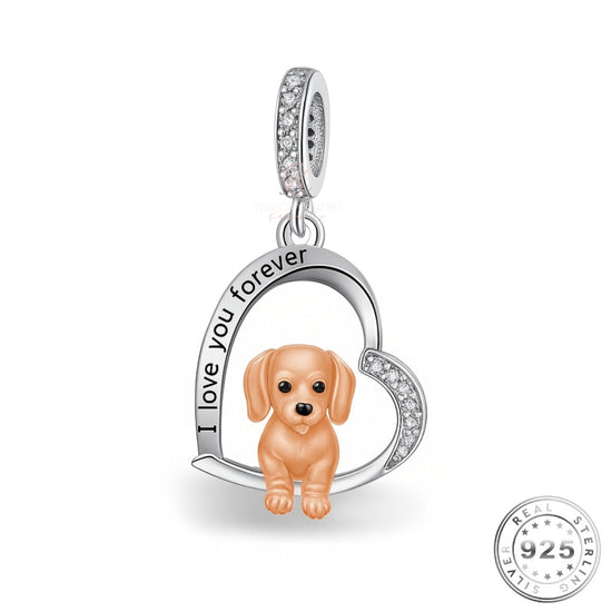 Sausage Dog / Dachshund I Love You Forever Charm 925 Sterling Silver & Rose Gold its Pandora