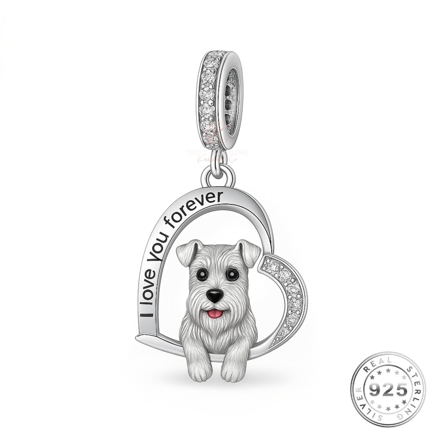 Schnauzer Dog I Love You Forever Charm 925 Sterling Silver - fits pandora