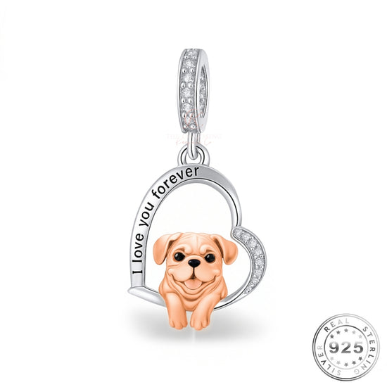 Pug Dog I Love You Forever Charm 925 Sterling Silver & Rose Gold fits Pandora