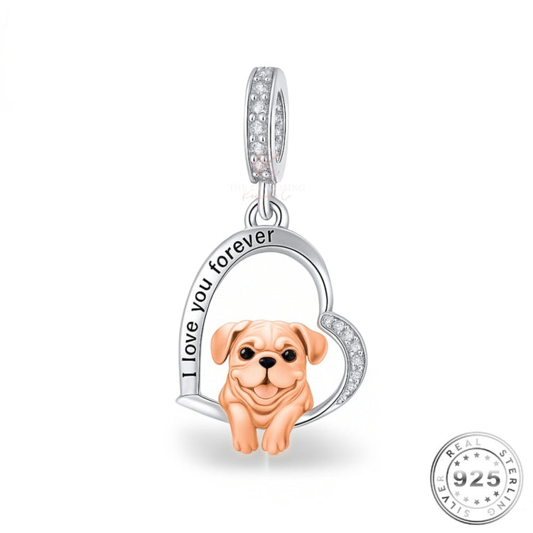 Pug Dog I Love You Forever Charm 925 Sterling Silver & Rose Gold fits Pandora