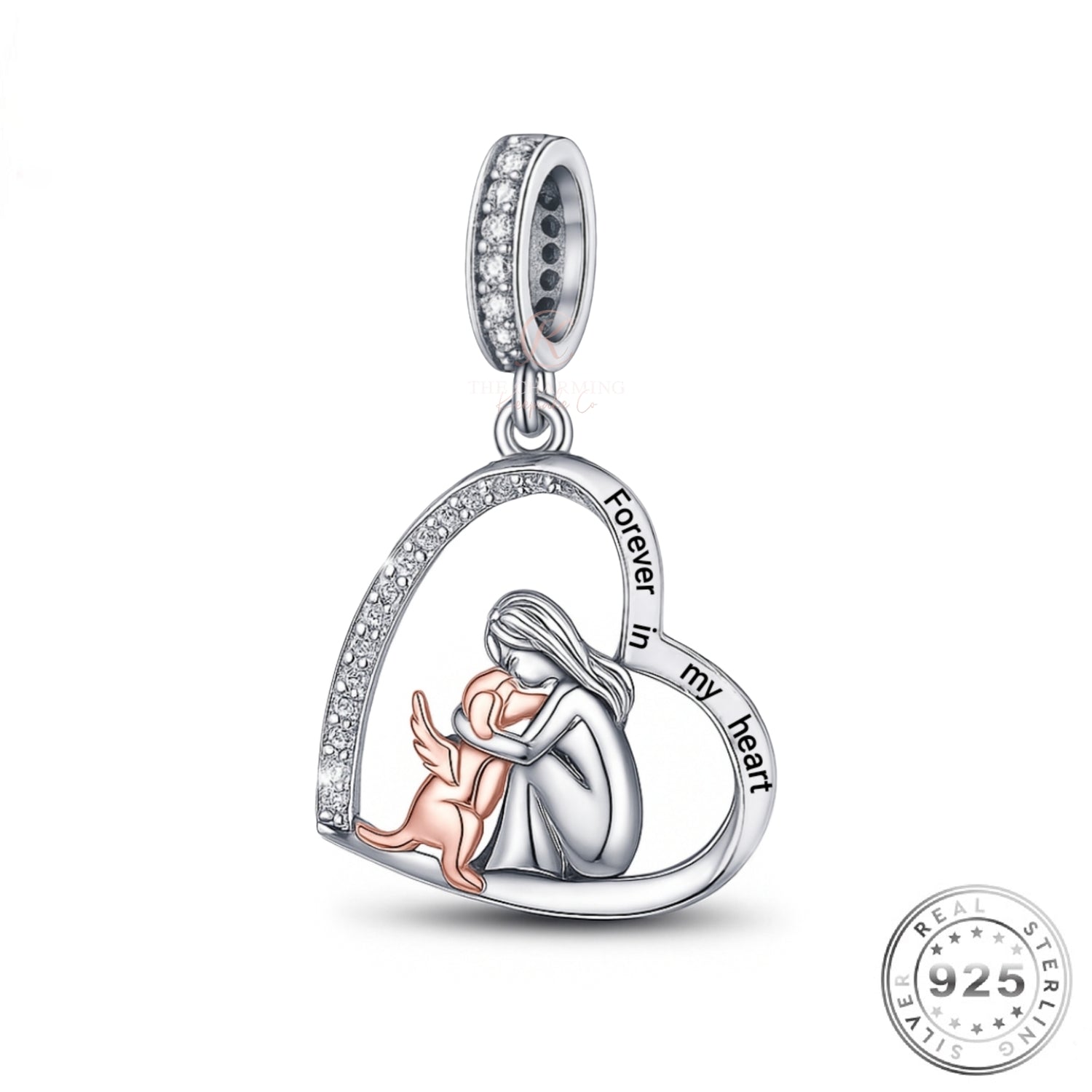 Forever In My Heart Dog Angel Wings Charm 925 Sterling Silver & Rose Gold Memorial - fits Pandora