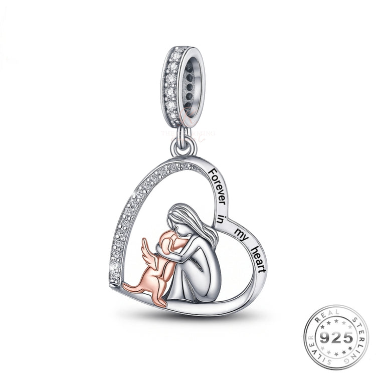 Forever In My Heart Dog Angel Wings Charm 925 Sterling Silver & Rose Gold Memorial - fits Pandora