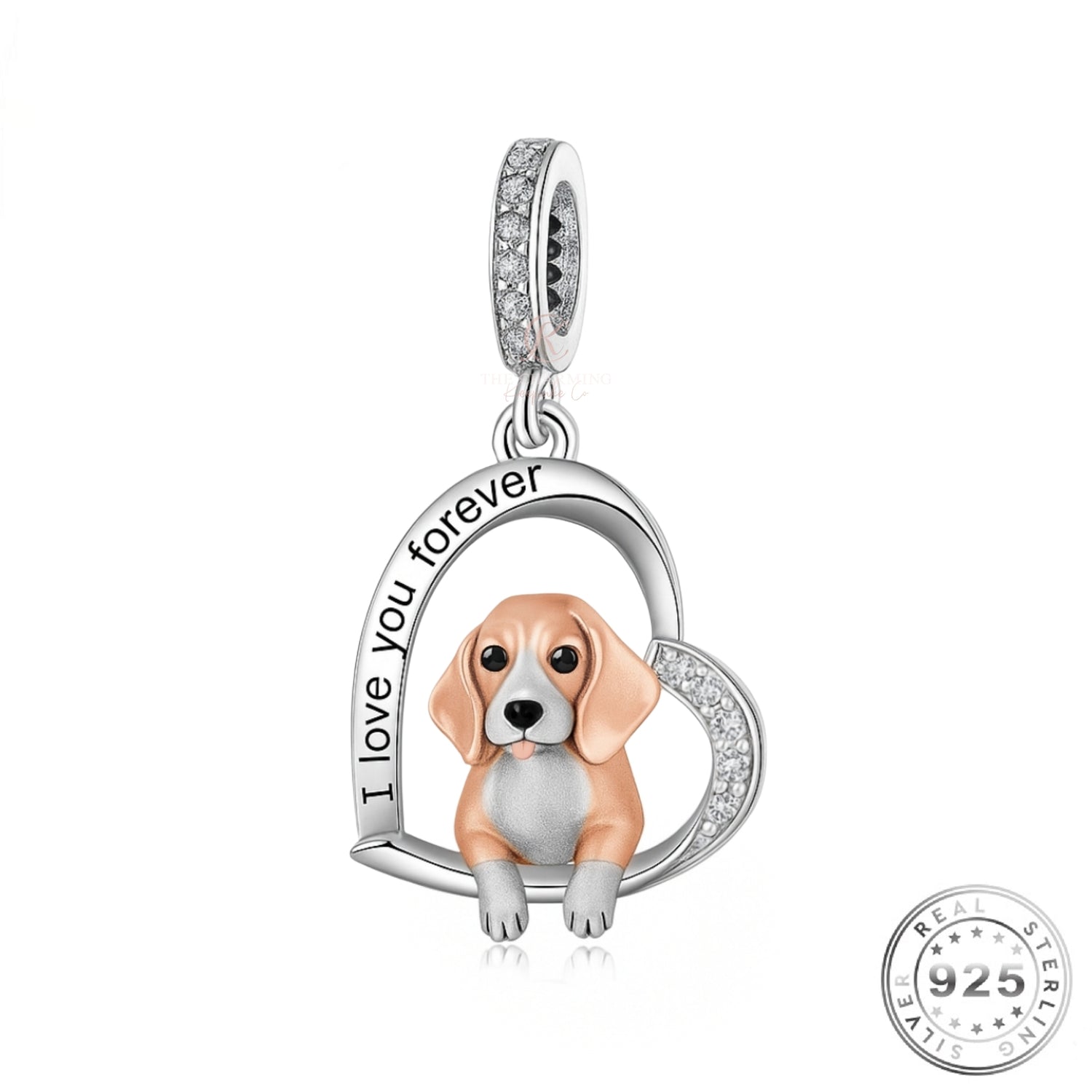 Beagle Dog I Love You Forever Charm 925 Sterling Silver & Rose Gold fits pandora