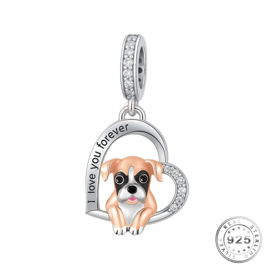 Boxer Dog I Love You Forever Charm 925 Sterling Silver & Rose Gold fits Pandora