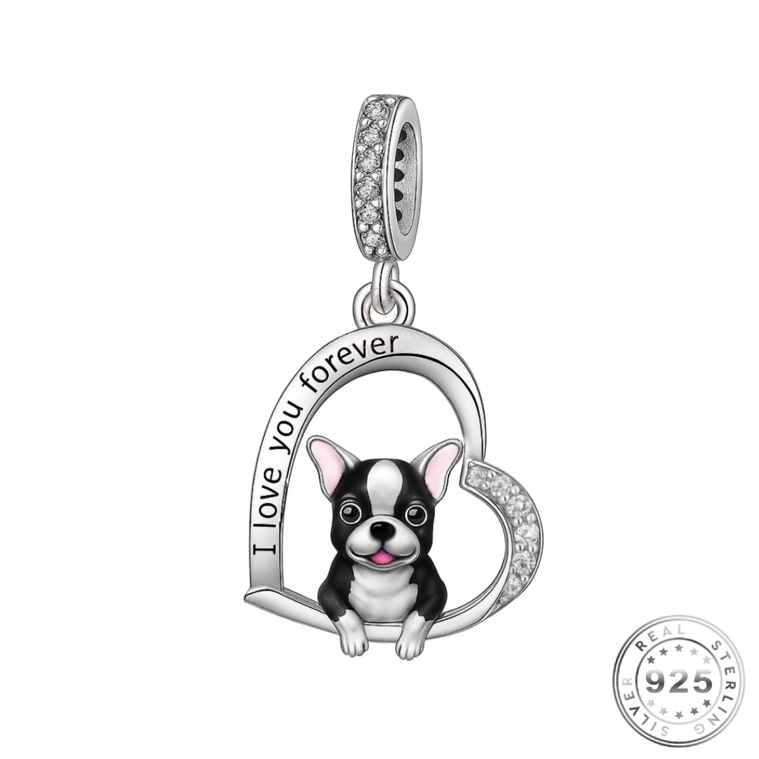 Boston Terrier Dog I Love You Forever Charm 925 Sterling Silver fits Pandora