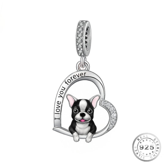Boston Terrier Dog I Love You Forever Charm 925 Sterling Silver fits Pandora