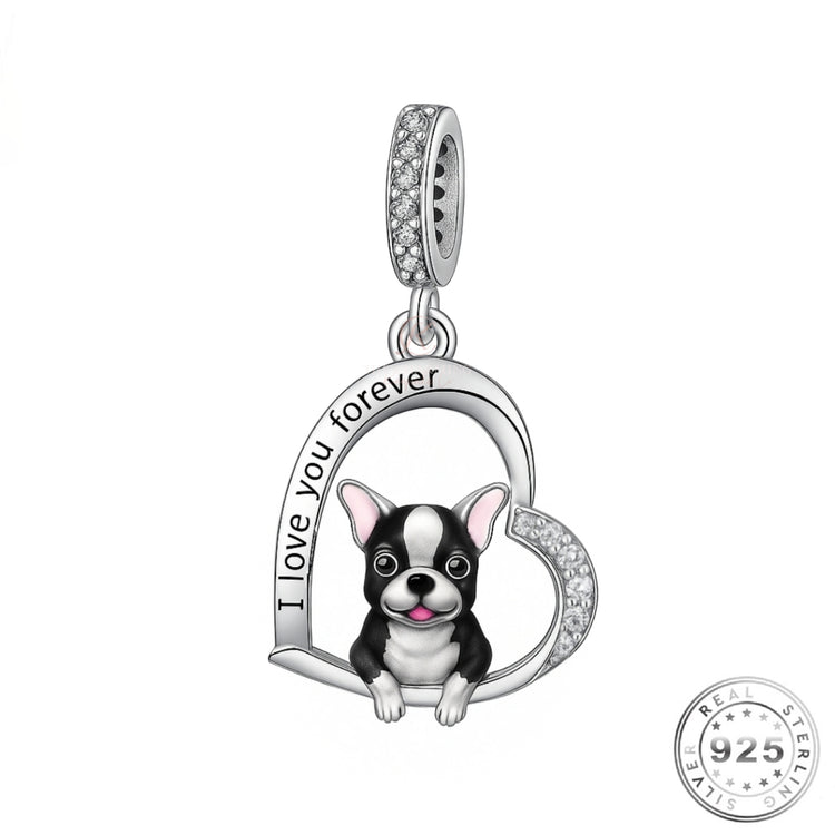 Boston Terrier Dog I Love You Forever Charm 925 Sterling Silver fits Pandora