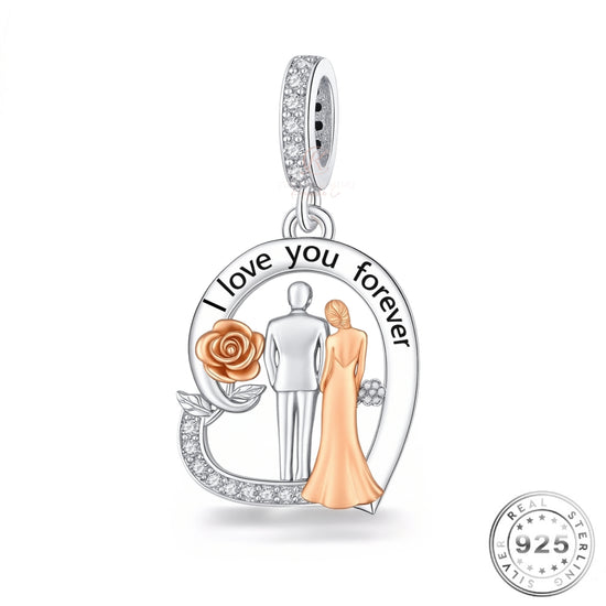 Bride & Groom Wedding Charm 925 Sterling Silver & Rose Gold - Wife  fits Pandora 