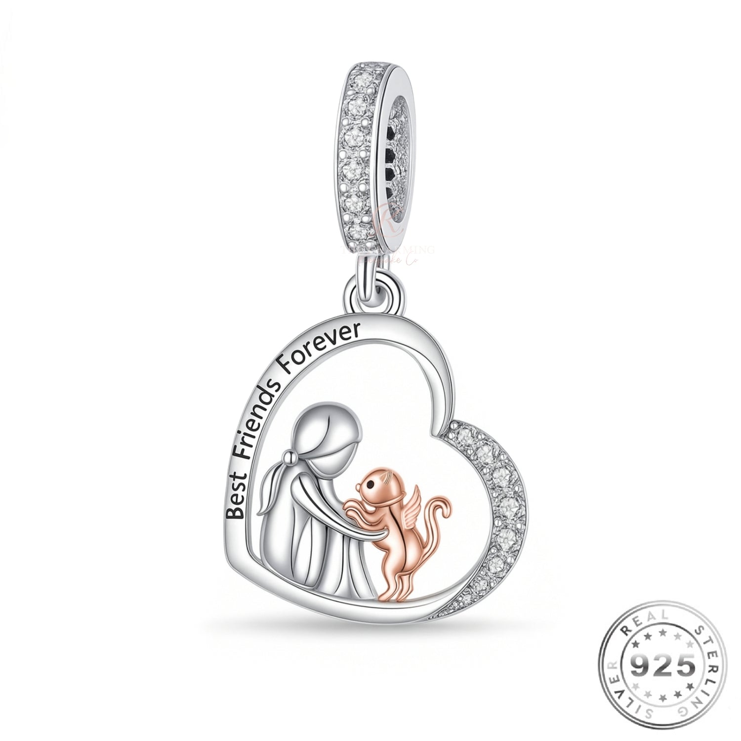 Cat Memorial Angel Wings Charm 925 Sterling Silver & Rose Gold fits Pandora