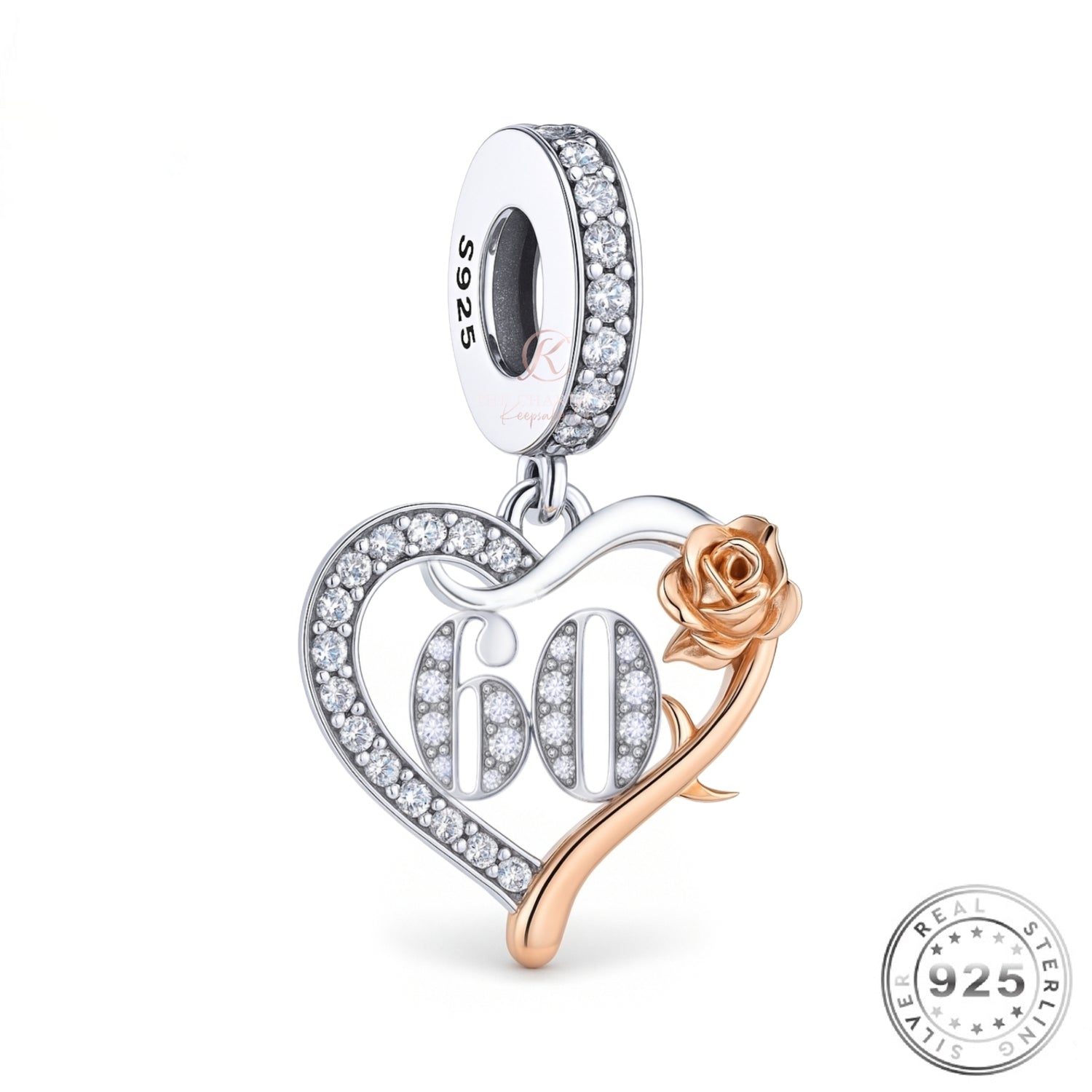 60th Birthday Charm 925 Sterling Silver & Rose Gold fits Pandora
