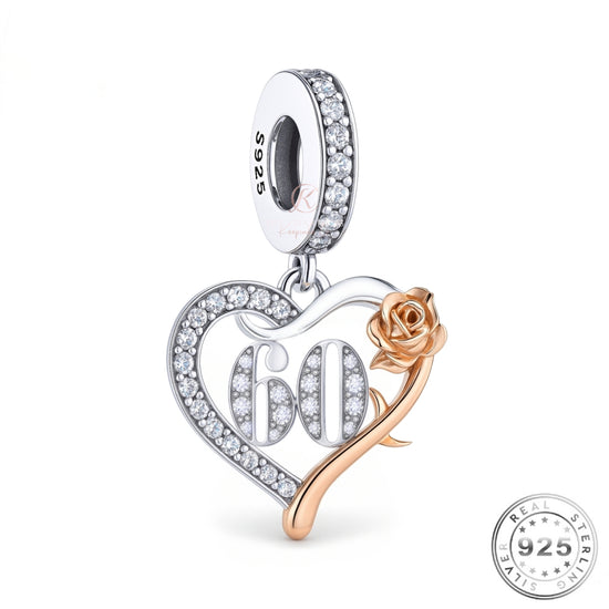 60th Birthday Charm 925 Sterling Silver & Rose Gold fits Pandora