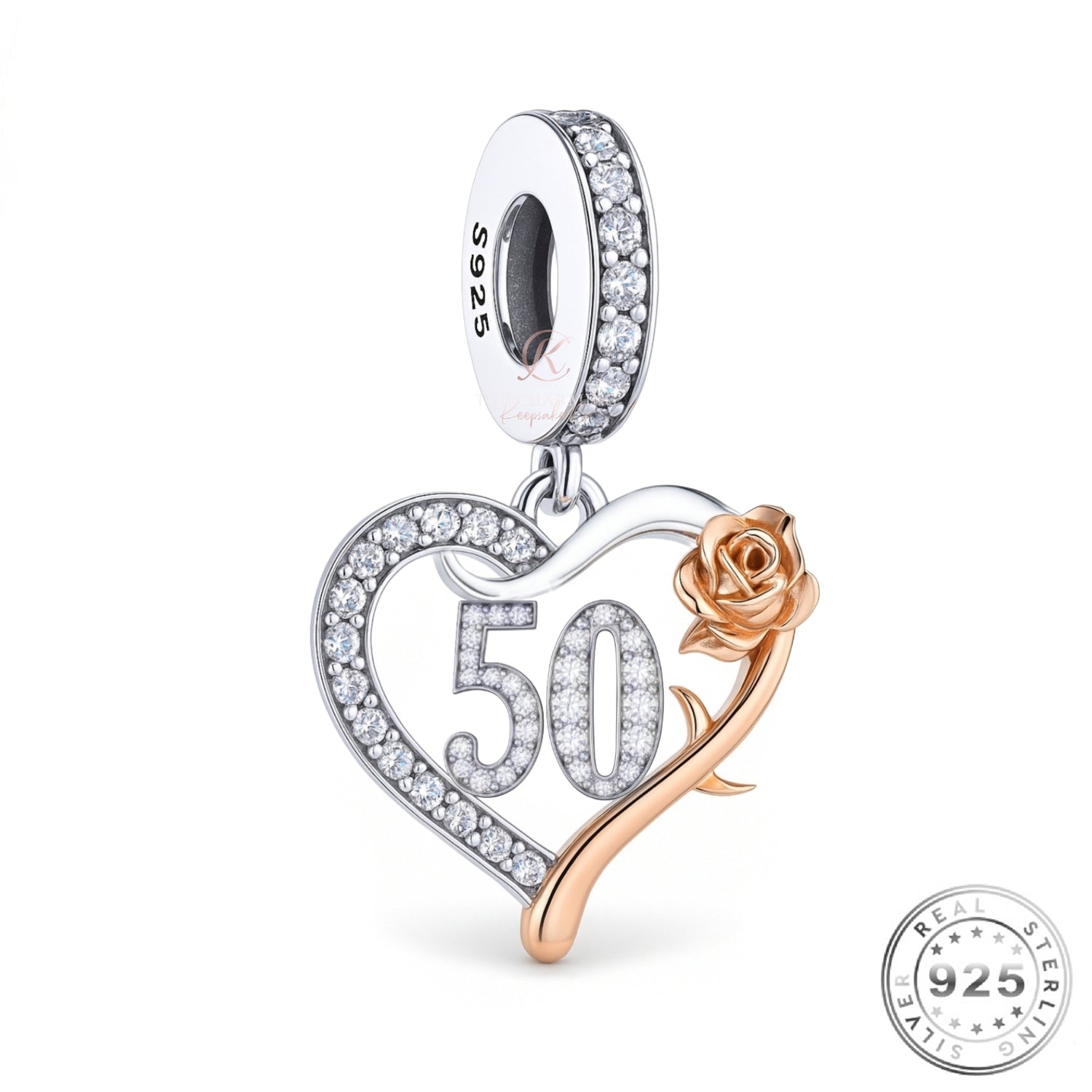 50th Birthday Charm 925 Sterling Silver & Rose Gold fits Pandora