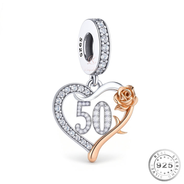 50th Birthday Charm 925 Sterling Silver & Rose Gold fits Pandora