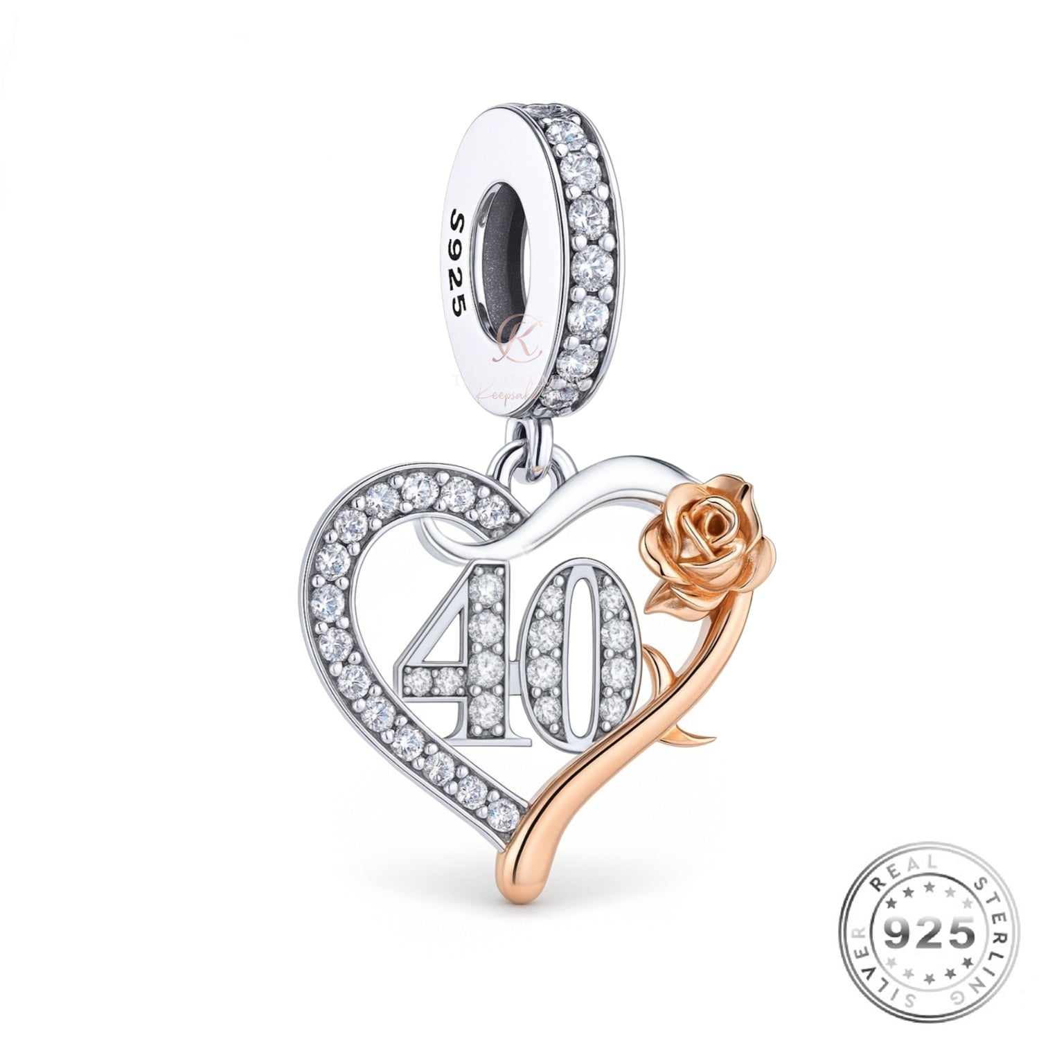 40th Birthday Charm 925 Sterling Silver & Rose Gold fits Pandora