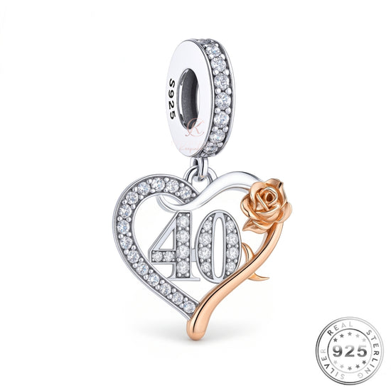 40th Birthday Charm 925 Sterling Silver & Rose Gold fits Pandora