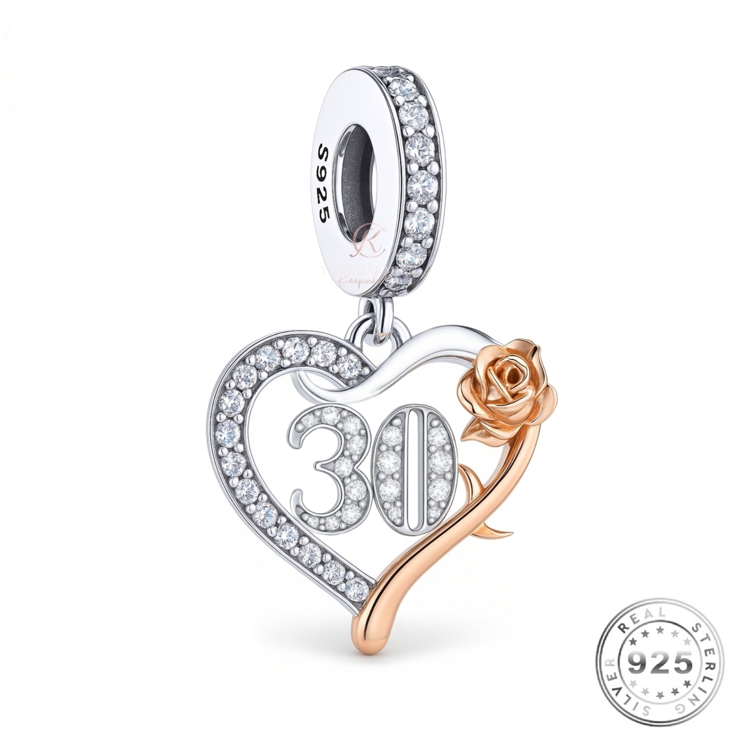 30th Birthday Charm 925 Sterling Silver & Rose Gold fits Pandora