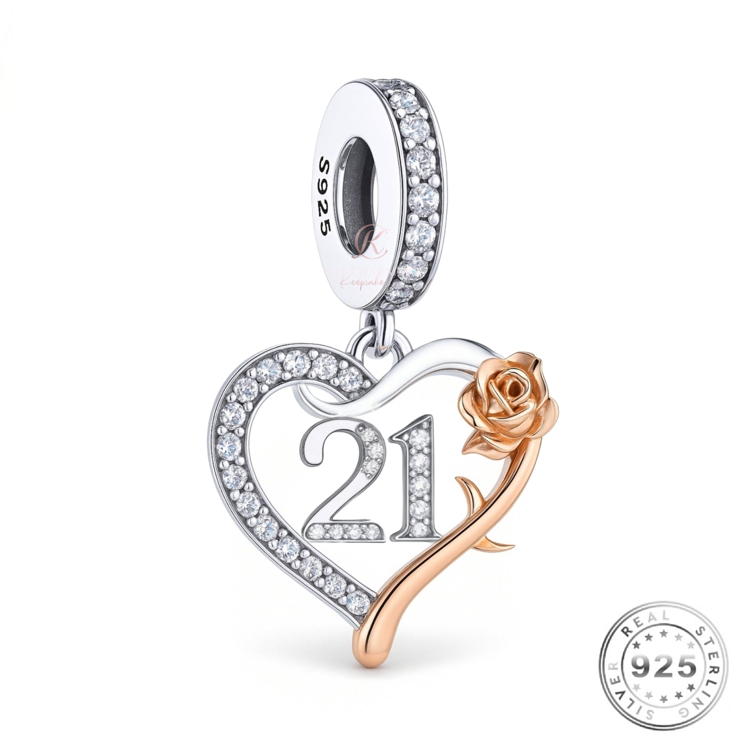 21st Birthday Charm 925 Sterling Silver & Rose Gold fits Pandora