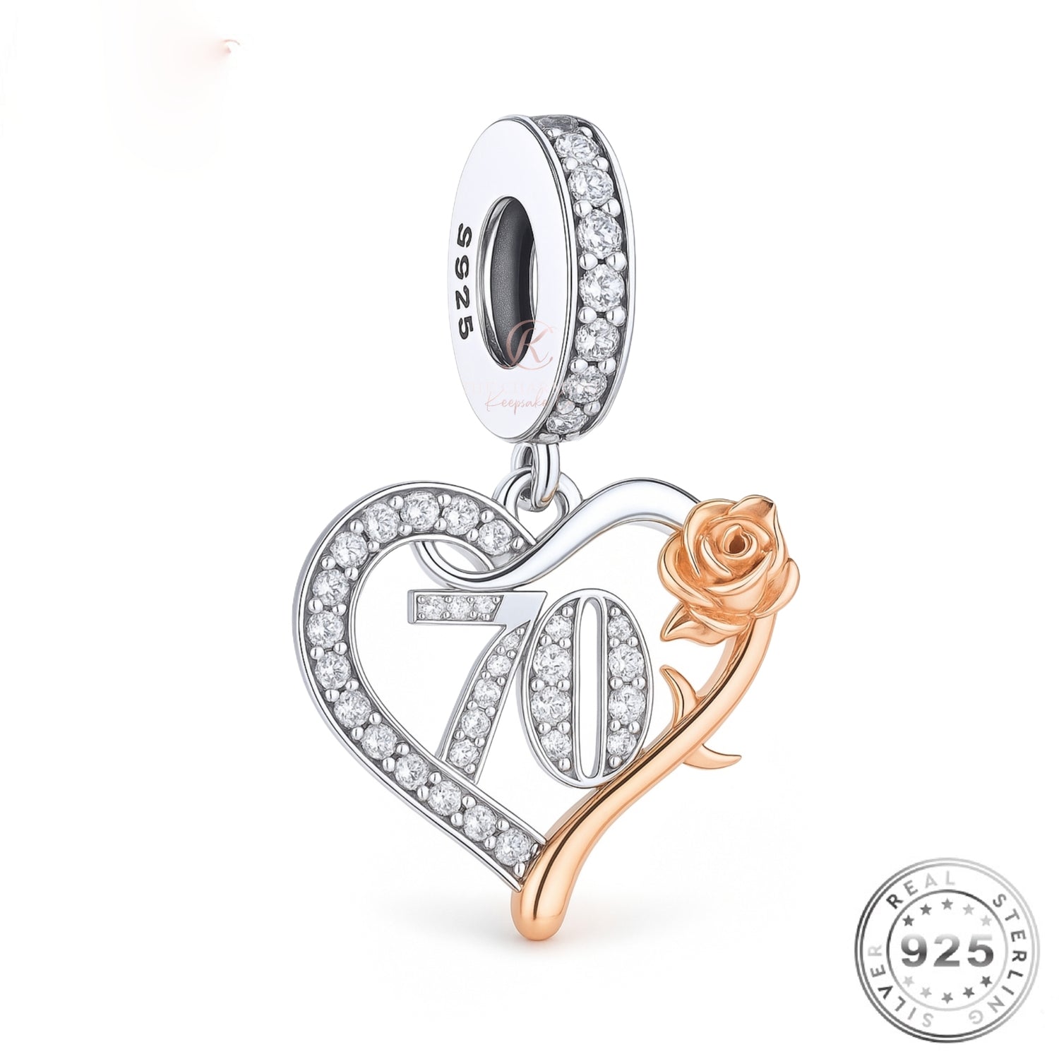 70th Birthday Charm 925 Sterling Silver & Rose Gold fits Pandora