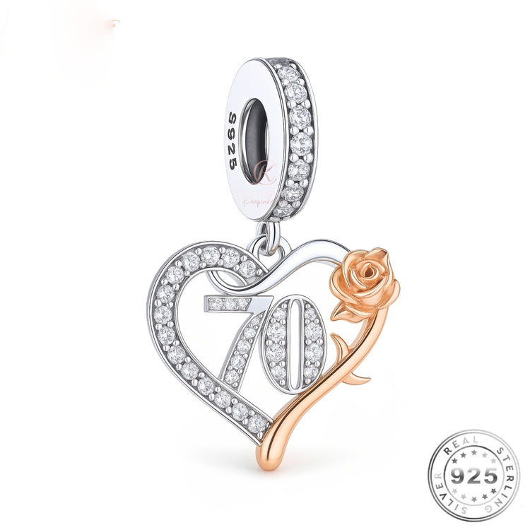 70th Birthday Charm 925 Sterling Silver & Rose Gold fits Pandora