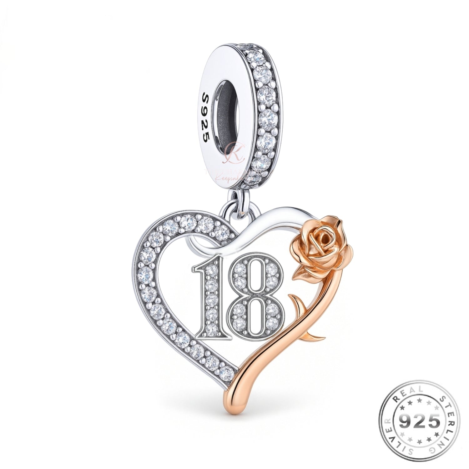 18th Birthday Charm 925 Sterling Silver & Rose Gold fits Pandora