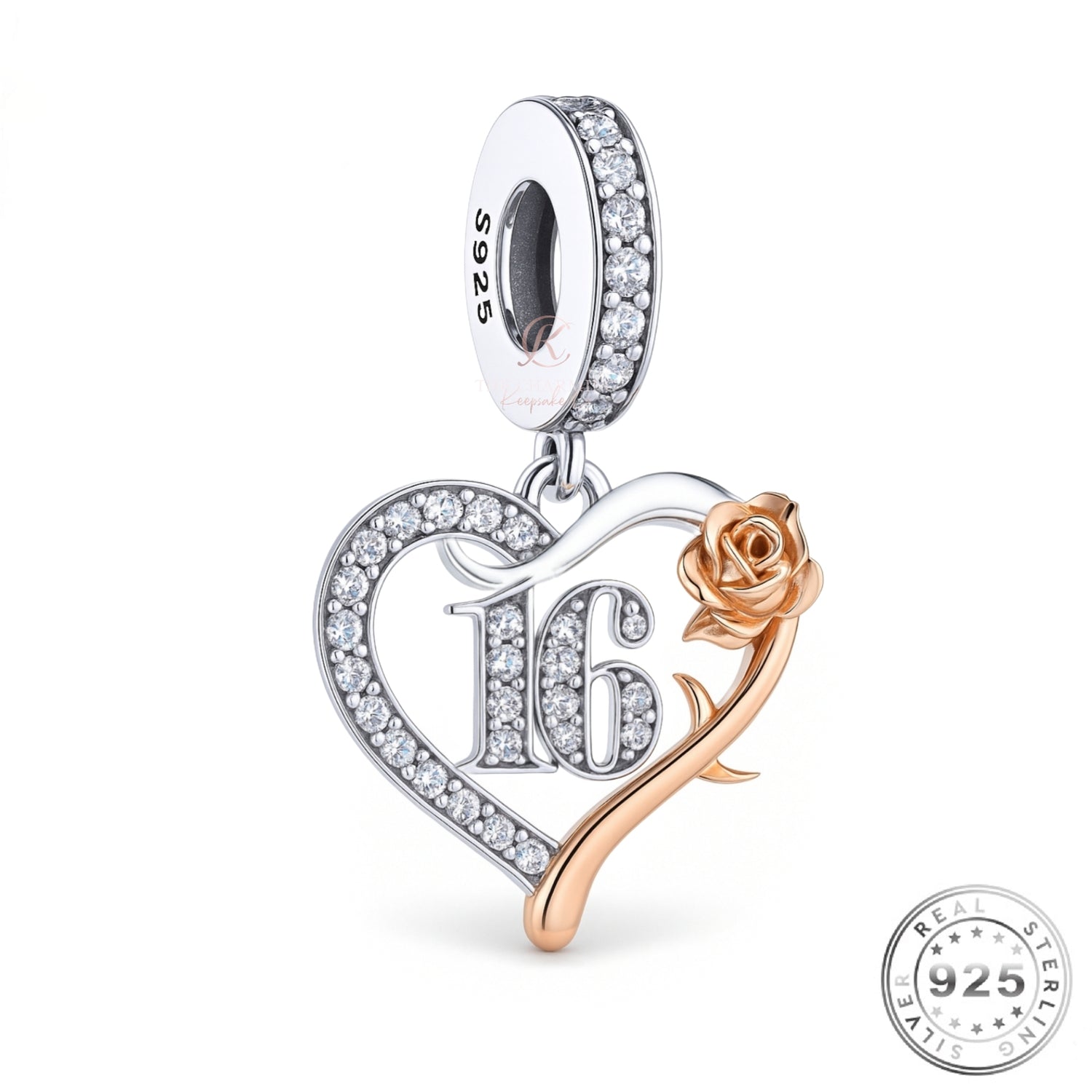 16th Birthday Charm 925 Sterling Silver & Rose Gold fits Pandora