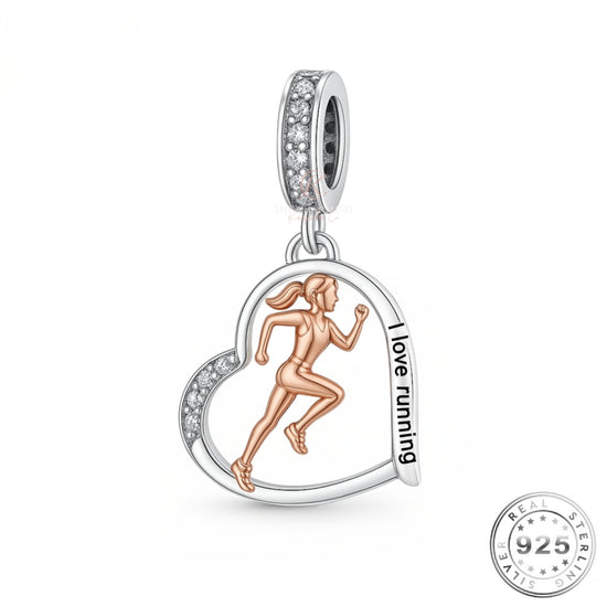 Love Running Charm Genuine 925 Sterling Silver & Rose Gold fits Pandora | Marathon Runner Fitness