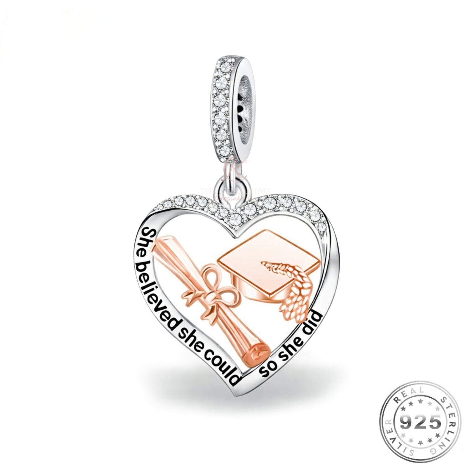 pandora fitting Graduation Heart Dangle Charm 925 Sterling Silver & Rose Gold Keepsake