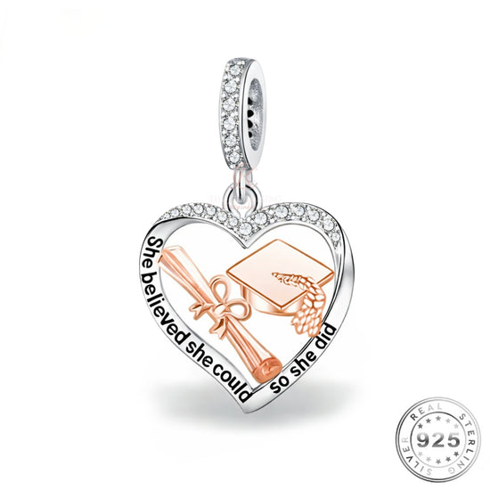 pandora fitting Graduation Heart Dangle Charm 925 Sterling Silver & Rose Gold Keepsake