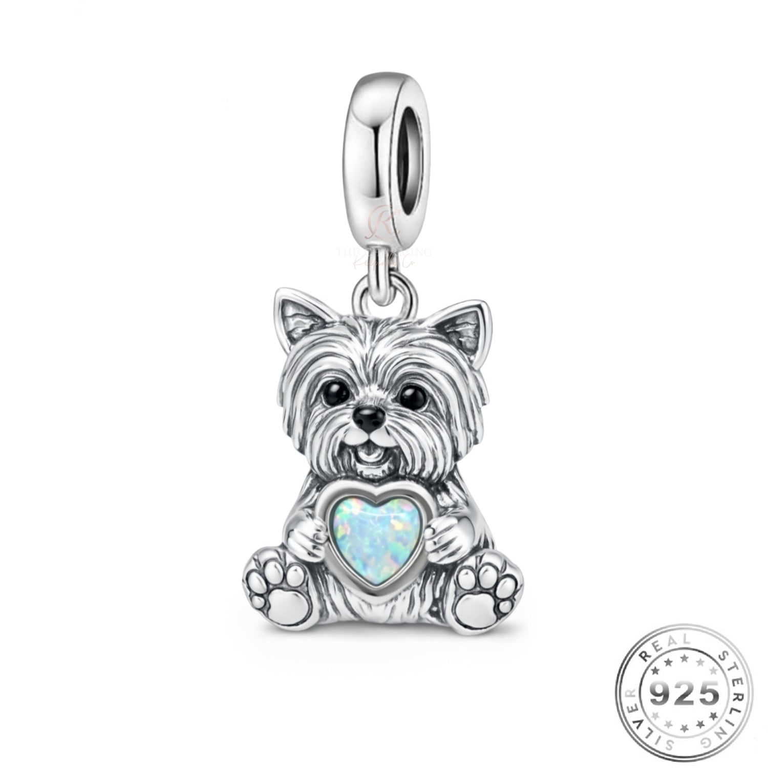 Yorkshire Terrier Dog Charm 925 Sterling Silver & Opal Heart fits pandora
