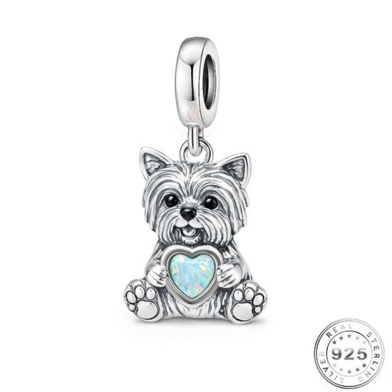 Yorkshire Terrier Dog Charm 925 Sterling Silver & Opal Heart fits pandora