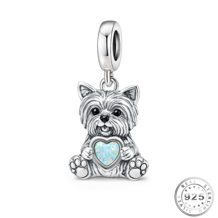 Yorkshire Terrier Dog Charm 925 Sterling Silver & Opal Heart fits pandora
