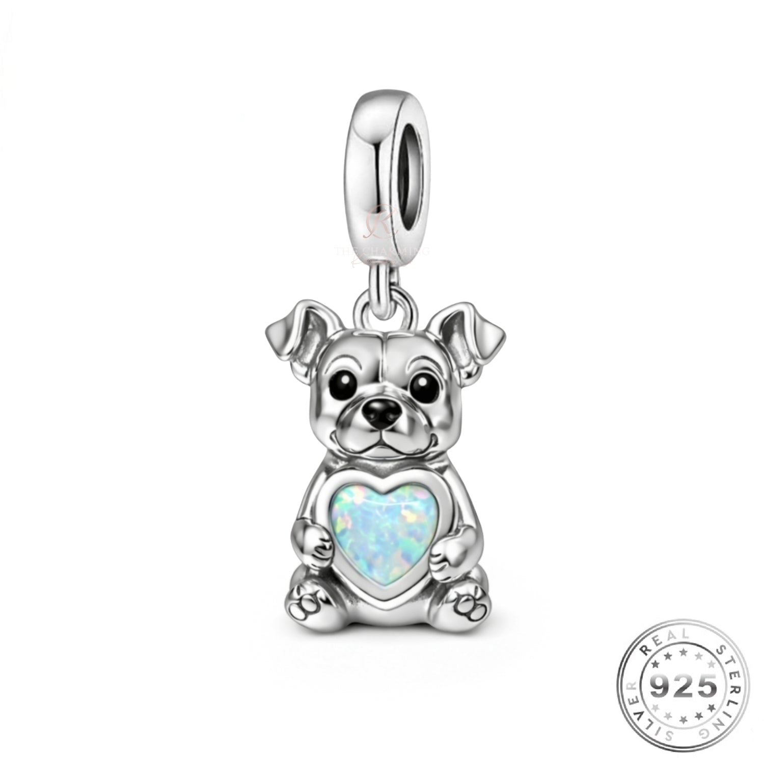 Staffy / Pitbull Dog Charm 925 Sterling Silver & Opal Heart fits Pandora
