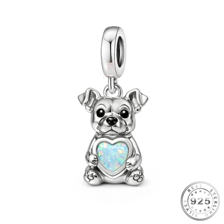 Staffy / Pitbull Dog Charm 925 Sterling Silver & Opal Heart fits Pandora